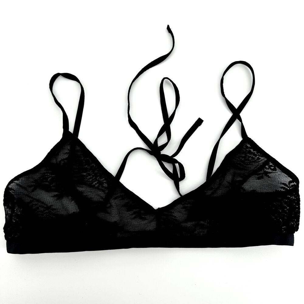 Savage Sheer Lace Strappy Bra Mesh Wireless Breathable Unlined Black Small
